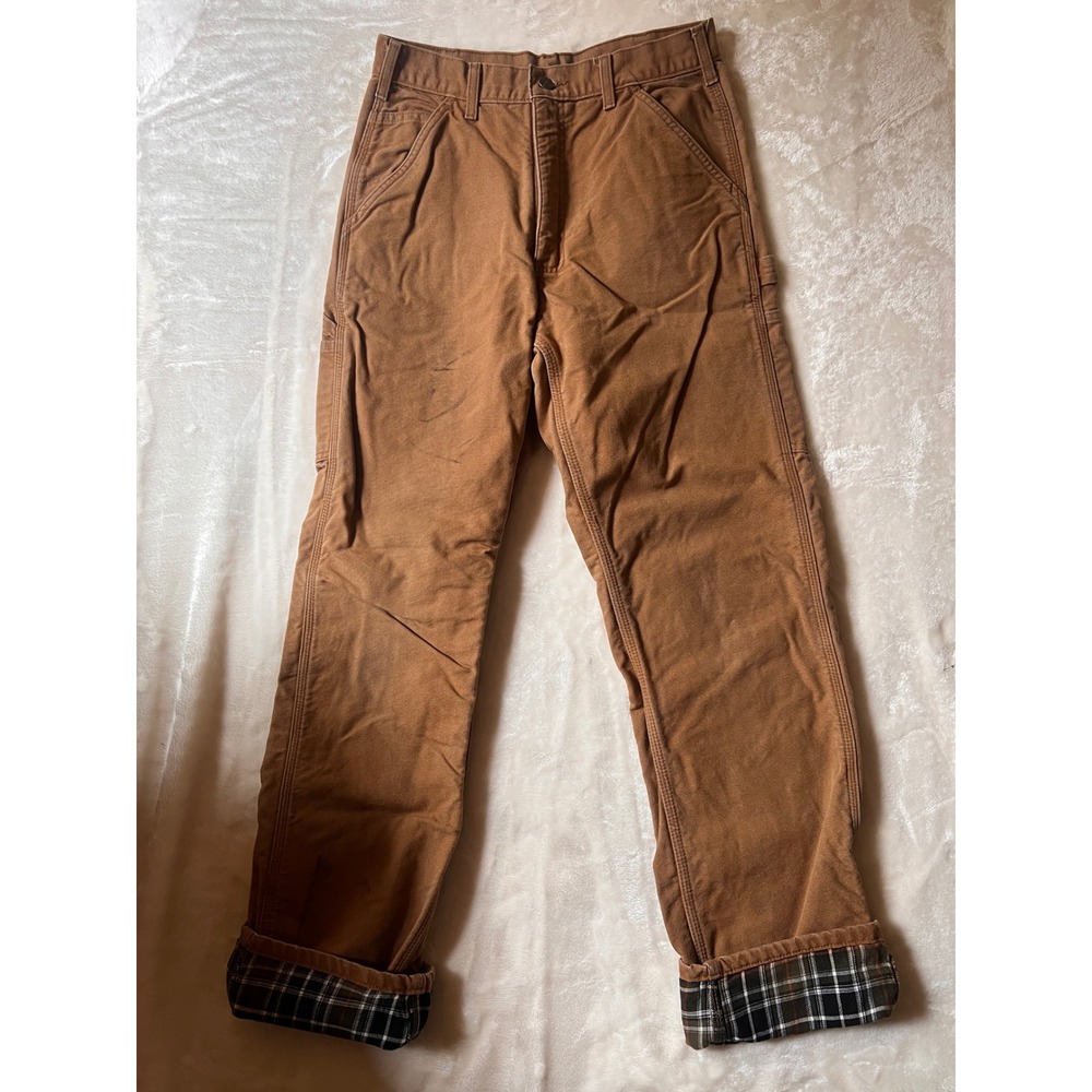 Carhartt Flannel Lined Carpenter Pants Brown Duck Canvas Plaid Workwear 31x31
